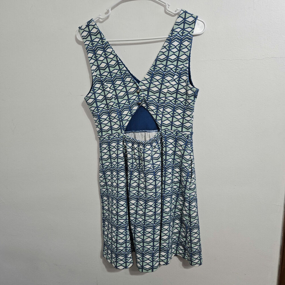 Anthropologie Maeve Green Blue Geometric Fit and Flare Cutout Mini Dress Size 12 - Picture 4 of 8